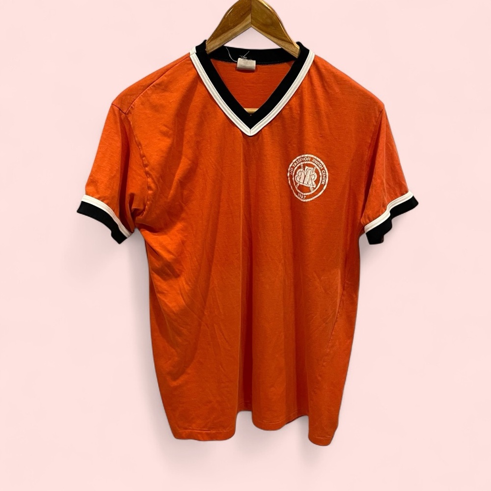 Vintage 1987 JCC sports league t-shirt orange stripe v-neck USA made distressed